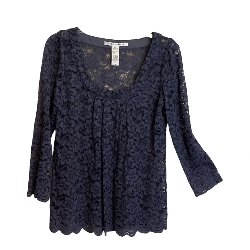 Diane Von Furstenberg Navy Blue Lace Blouse Women's Sz 6 Scallop‎ Hem 3/4 Sleeve - Picture 5 of 8